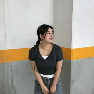 Layered Button Drawstring Plain Short Sleeve T-shirt