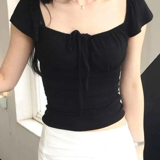 Slim Fit Shirred Ribbon Fitted Short Sleeve T-shirt
