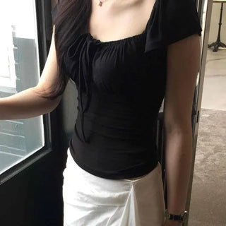 Slim Fit Shirred Ribbon Fitted Short Sleeve T-shirt