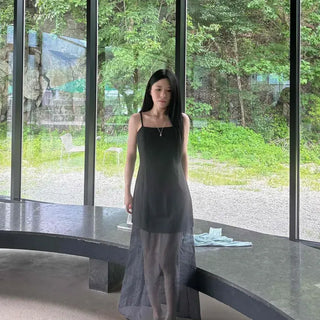 Slim Fit Plain See-through Cut-out Layered Sleeveless Long Dress