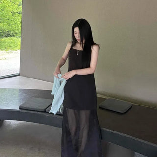 Slim Fit Plain See-through Cut-out Layered Sleeveless Long Dress