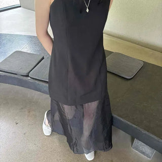 Slim Fit Plain See-through Cut-out Layered Sleeveless Long Dress