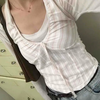 Shirred Ribbon Backless Striped Sleeveless