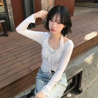 Shirred Ribbon Backless Striped Sleeveless