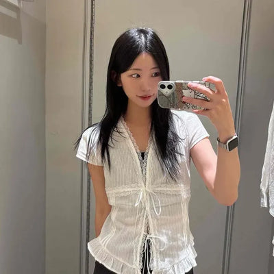 Regular Fit Plain Frill Ribbon Shirred Strap Short Sleeve Blouse