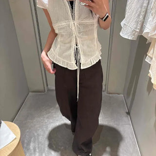 Regular Fit Plain Frill Ribbon Shirred Strap Short Sleeve Blouse