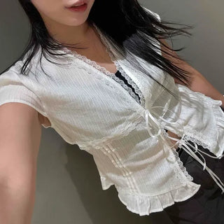 Regular Fit Plain Frill Ribbon Shirred Strap Short Sleeve Blouse