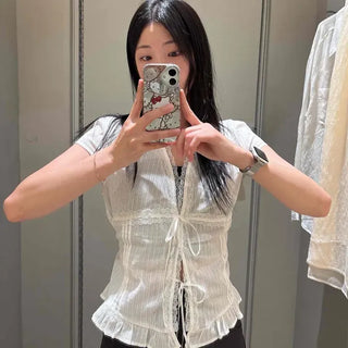 Regular Fit Plain Frill Ribbon Shirred Strap Short Sleeve Blouse