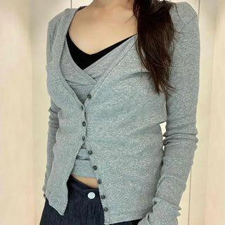 Slim Fit Plain Button Ribbon Wrap Long Sleeve Cardigan