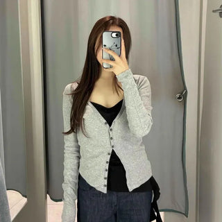 Slim Fit Plain Button Ribbon Wrap Long Sleeve Cardigan
