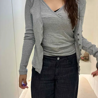 Slim Fit Plain Button Ribbon Wrap Long Sleeve Cardigan