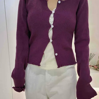 Slim Fit Plain Button Frill Long Sleeve Cardigan