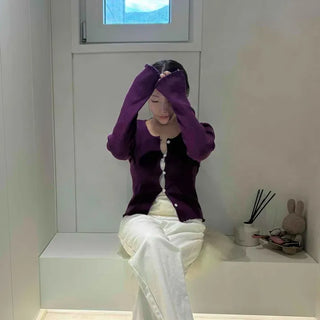 Slim Fit Plain Button Frill Long Sleeve Cardigan