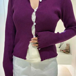 Slim Fit Plain Button Frill Long Sleeve Cardigan