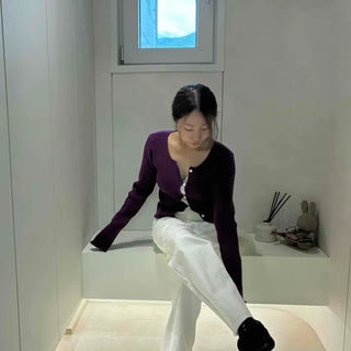 Slim Fit Plain Button Frill Long Sleeve Cardigan