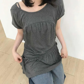Loose Fit Plain Shirred String Short Sleeve Tiered Mini Dress