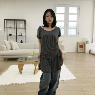 Loose Fit Plain Shirred String Short Sleeve Tiered Mini Dress