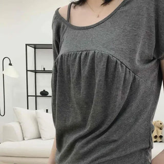 Loose Fit Plain Shirred String Short Sleeve Tiered Mini Dress