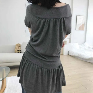 Loose Fit Plain Shirred String Short Sleeve Tiered Mini Dress