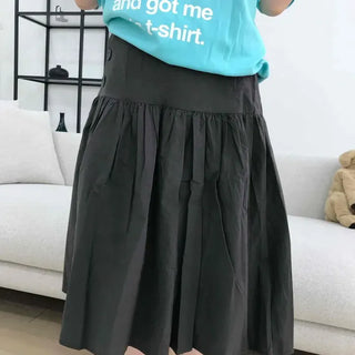 Loose-fit Shirred Button A-line Daily Midi Skirt