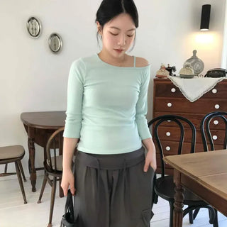 Slim Fit Plain Ribbon 3/4 Sleeve Daily Short Sleeve T-shirt