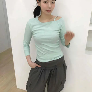 Slim Fit Plain Ribbon 3/4 Sleeve Daily Short Sleeve T-shirt