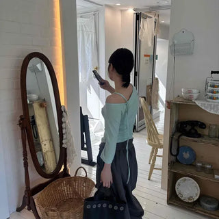 Slim Fit Plain Ribbon 3/4 Sleeve Daily Short Sleeve T-shirt