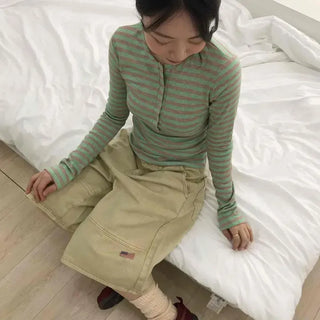 Slim Fit Striped Button-Down Long Sleeve T-Shirt