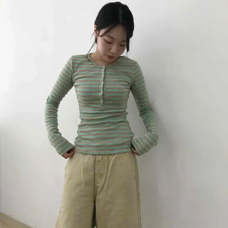 Slim Fit Striped Button-Down Long Sleeve T-Shirt