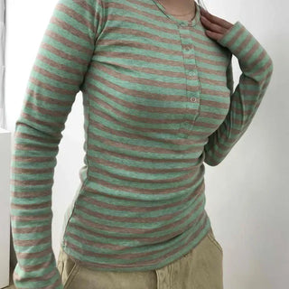 Slim Fit Striped Button-Down Long Sleeve T-Shirt