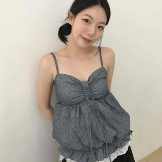 Shirred Frill Strap Flower Layered Sleeveless