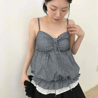 Shirred Frill Strap Flower Layered Sleeveless