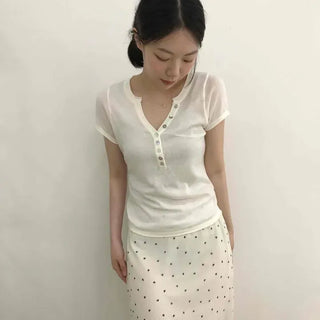 Slim Fit Plain Button Short Sleeve Daily T-shirt