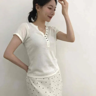 Slim Fit Plain Button Short Sleeve Daily T-shirt