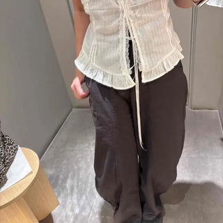 Loose-fit Washed Button Cut Wide Daily Long Pants