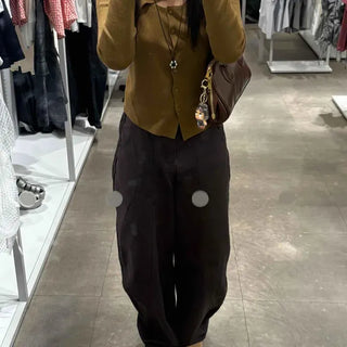 Loose-fit Washed Button Cut Wide Daily Long Pants