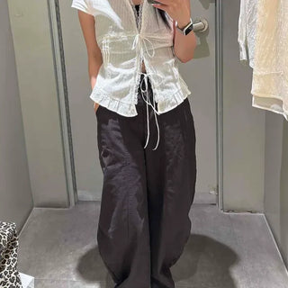 Loose-fit Washed Button Cut Wide Daily Long Pants