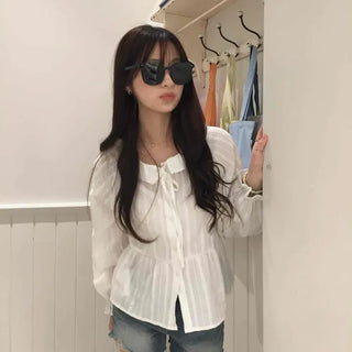 Loose Fit Plain Frill Ribbon Shirred Long Sleeve Blouse