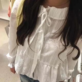 Loose Fit Plain Frill Ribbon Shirred Long Sleeve Blouse