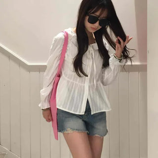 Loose Fit Plain Frill Ribbon Shirred Long Sleeve Blouse
