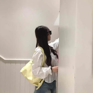 Loose Fit Plain Frill Ribbon Shirred Long Sleeve Blouse