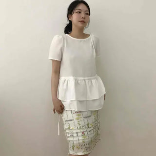 Flower Shirred String H-Line Straight Midi Skirt