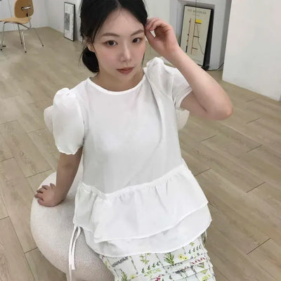 Regular Fit Plain Frill String Short Sleeve Blouse