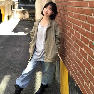 Loose-fit Plain Zipper Drawstring Full-zip Daily Field Jacket