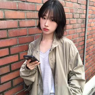 Loose-fit Plain Zipper Drawstring Full-zip Daily Field Jacket