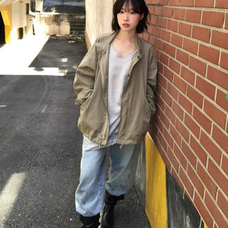 Loose-fit Plain Zipper Drawstring Full-zip Daily Field Jacket