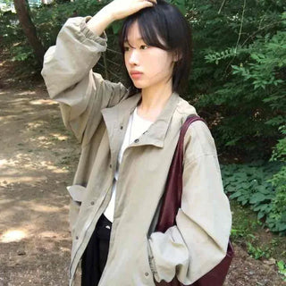 Loose-fit Plain Zipper Drawstring Full-zip Daily Field Jacket