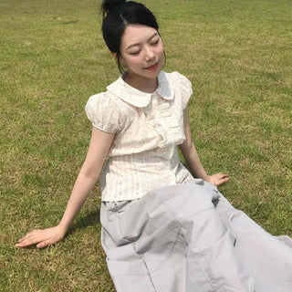 Regular Fit Flower Frill Shirred Short Sleeve Blouse