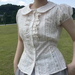 Regular Fit Flower Frill Shirred Short Sleeve Blouse