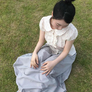 Regular Fit Flower Frill Shirred Short Sleeve Blouse